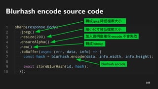 109
Blurhash encode source code
轉成 jpeg 降低檔案大小
縮小尺寸降低檔案大小
加入透明度確保 encode 不會失敗
轉成 bitmap
Blurhash encode
 