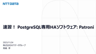 速習！ PostgreSQL専用HAソフトウェア: Patroni
2023/11/24
株式会社NTTデータグループ
鳥越 淳
 