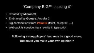 “Company BIG™ is using it”
● Created by Microsoft
● Embraced by Google: Angular 2
● Big contributions from Palantir (tslint, blueprint, …)
● Webpack is considering a rewrite in typescript
Following strong players’ lead may be a good move,
But could you make your own opinion ?
 