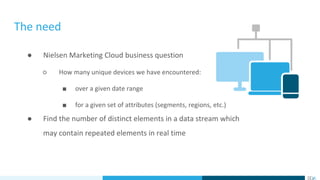 The need
● Nielsen Marketing Cloud business question
○ How many unique devices we have encountered:
■ over a given date range
■ for a given set of attributes (segments, regions, etc.)
● Find the number of distinct elements in a data stream which
may contain repeated elements in real time
 