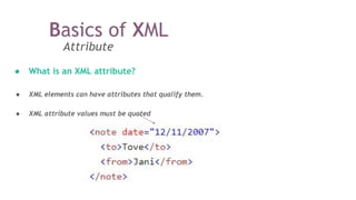 Attribute
● What is an XML attribute?
● XML elements can have attributes that qualify them.
● XML attribute values must be quoted
Basics of XML
 