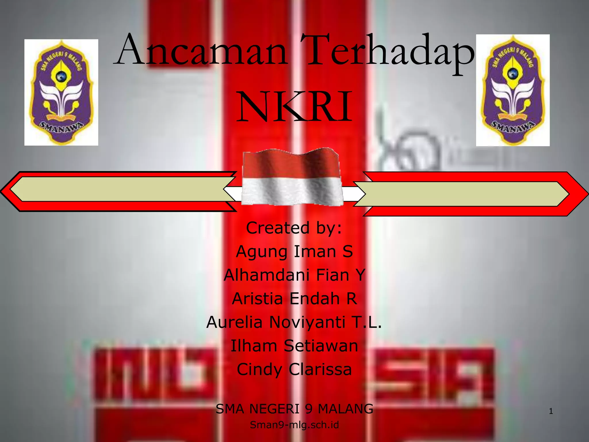 1
Ancaman Terhadap
NKRI
Created by:
Agung Iman S
Alhamdani Fian Y
Aristia Endah R
Aurelia Noviyanti T.L.
Ilham Setiawan
Cindy Clarissa
SMA NEGERI 9 MALANG
Sman9-mlg.sch.id
 
