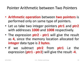Pointer Arithmetic between Two Pointers
• Arithmetic operation between two pointers is
performed only on same type of pointers.
• Let us take two integer pointers ptr1 and ptr2
with addresses 1000 and 1008 respectively.
• The expression ptr2 - ptr1 will give the result
as 4, since the memory location allocated for
integer data type is 2 bytes.
• If we subtract ptr2 from ptr1 i.e the
expression (ptr1 - ptr2) will give the result -4.
4/21/2021 1.0 _ Pointers and Arrays 33
 