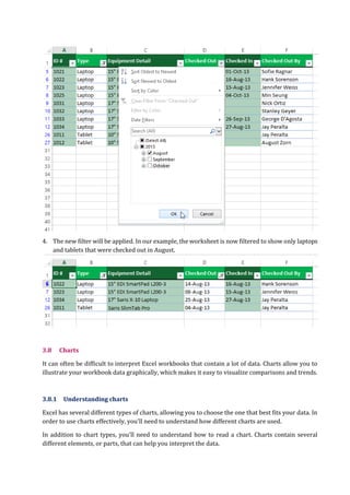 4. The new filter will be applied. In our example, the worksheet is now filtered to show only laptops
and tablets that were checked out in August.
3.8 Charts
It can often be difficult to interpret Excel workbooks that contain a lot of data. Charts allow you to
illustrate your workbook data graphically, which makes it easy to visualize comparisons and trends.
3.8.1 Understanding charts
Excel has several different types of charts, allowing you to choose the one that best fits your data. In
order to use charts effectively, you'll need to understand how different charts are used.
In addition to chart types, you'll need to understand how to read a chart. Charts contain several
different elements, or parts, that can help you interpret the data.
 