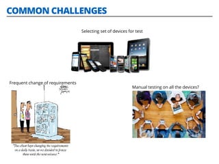 Selecting set of devices for test
COMMON CHALLENGES
Frequent change of requirements
Manual testing on all the devices?
 