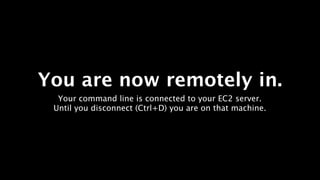 You are now remotely in.
  Your command line is connected to your EC2 server.
 Until you disconnect (Ctrl+D) you are on that machine.
 