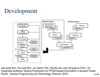 41/84
Development
Jae-yeob Kim, Eui-sub Kim, Jun-beom Yoo, Young Lee, and Jong-gyun Choi ; An
Integrated Software Testing Framework for FPGA-based Controllers in Nuclear Power
Plants ; Nuclear Engineering and Technology, Elsevier, 2016
 