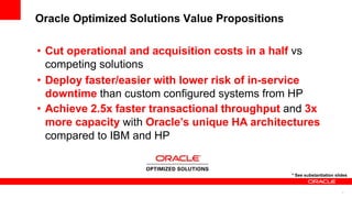 Oracle Optimized Solutions Value Propositions
7
• Cut operational and acquisition costs in a half vs
competing solutions
• Deploy faster/easier with lower risk of in-service
downtime than custom configured systems from HP
• Achieve 2.5x faster transactional throughput and 3x
more capacity with Oracle’s unique HA architectures
compared to IBM and HP
* See substantiation slides
 