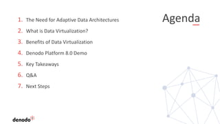 Agenda1. The Need for Adaptive Data Architectures
2. What is Data Virtualization?
3. Benefits of Data Virtualization
4. Denodo Platform 8.0 Demo
5. Key Takeaways
6. Q&A
7. Next Steps
 