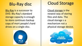 Blu-Ray disc
Blu-Ray is a successor to
DVD. Blu-Ray’s standard
storage capacity is enough
to store continues backup
copy of mort people’s hard
drives on a single disc.
Cloud Storage
Cloud storage is the
newest way of storing
files and data. The
cloud storage s a
mechanism not a
physical storage device.
 
