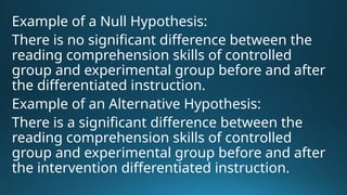 Example of a Null Hypothesis:
There is no significant difference between the
reading comprehension skills of controlled
group and experimental group before and after
the differentiated instruction.
Example of an Alternative Hypothesis:
There is a significant difference between the
reading comprehension skills of controlled
group and experimental group before and after
the intervention differentiated instruction.
 