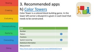 3. Recommended apps 
h) Color Towers 
Color Tower is a colored block building game. In the 
lower left corner a blueprint is given in each level that 
needs to be constructed. 
Skill 
Number 
Pattern 
Fractions 
Spatial reasoning 
Statistical information 
Measurement 
https://itunes.apple.com/au/app/color-tower/id442501822?mt=8 
 