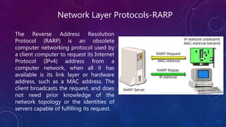 Network Layer Protocols-RARP
The Reverse Address Resolution
Protocol (RARP) is an obsolete
computer networking protocol used by
a client computer to request its Internet
Protocol (IPv4) address from a
computer network, when all it has
available is its link layer or hardware
address, such as a MAC address. The
client broadcasts the request, and does
not need prior knowledge of the
network topology or the identities of
servers capable of fulfilling its request.
 