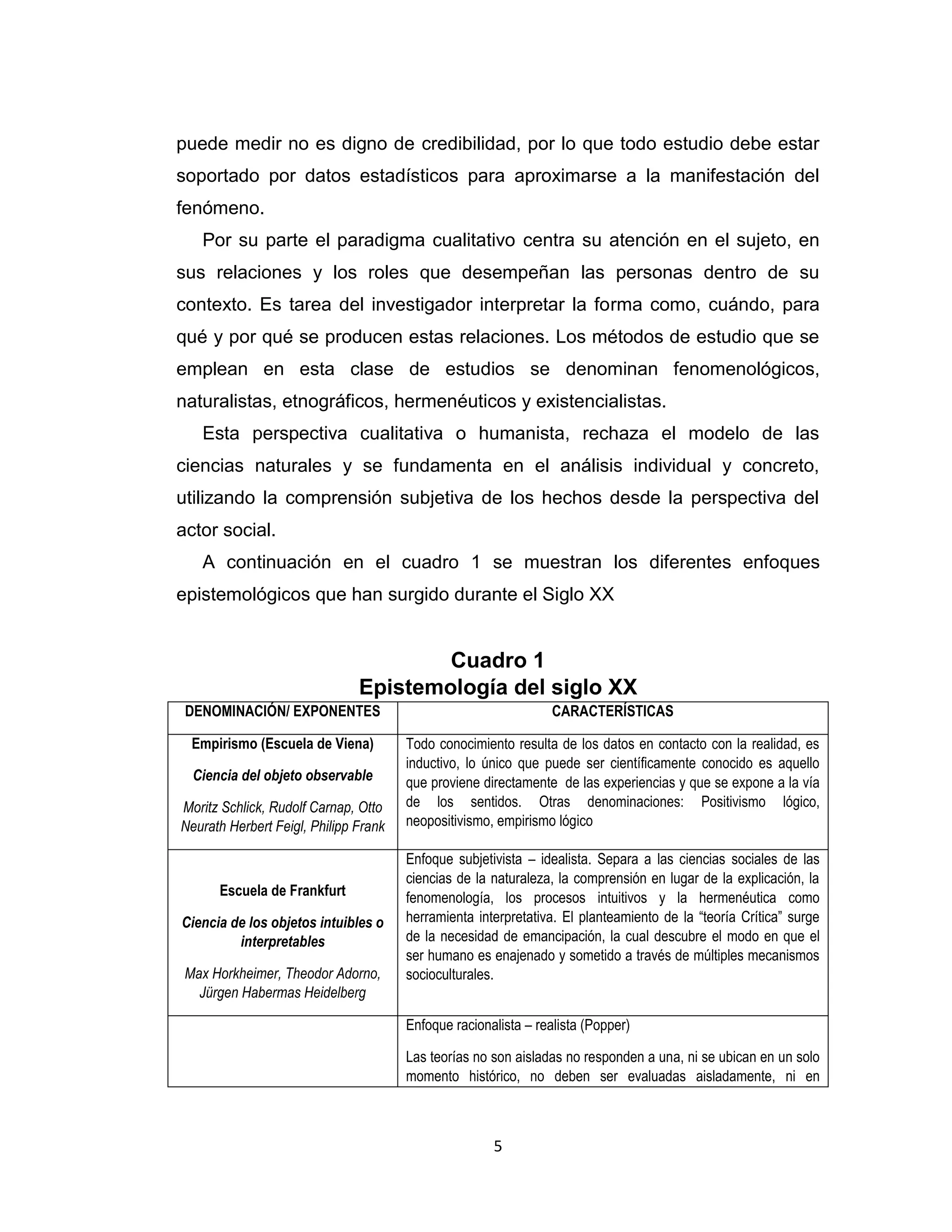 5 
puede medir no es digno de credibilidad, por lo que todo estudio debe estar soportado por datos estadísticos para aproximarse a la manifestación del fenómeno. 
Por su parte el paradigma cualitativo centra su atención en el sujeto, en sus relaciones y los roles que desempeñan las personas dentro de su contexto. Es tarea del investigador interpretar la forma como, cuándo, para qué y por qué se producen estas relaciones. Los métodos de estudio que se emplean en esta clase de estudios se denominan fenomenológicos, naturalistas, etnográficos, hermenéuticos y existencialistas. 
Esta perspectiva cualitativa o humanista, rechaza el modelo de las ciencias naturales y se fundamenta en el análisis individual y concreto, utilizando la comprensión subjetiva de los hechos desde la perspectiva del actor social. 
A continuación en el cuadro 1 se muestran los diferentes enfoques epistemológicos que han surgido durante el Siglo XX 
Cuadro 1 
Epistemología del siglo XX 
DENOMINACIÓN/ EXPONENTES 
CARACTERÍSTICAS 
Empirismo (Escuela de Viena) 
Ciencia del objeto observable 
Moritz Schlick, Rudolf Carnap, Otto Neurath Herbert Feigl, Philipp Frank 
Todo conocimiento resulta de los datos en contacto con la realidad, es inductivo, lo único que puede ser científicamente conocido es aquello que proviene directamente de las experiencias y que se expone a la vía de los sentidos. Otras denominaciones: Positivismo lógico, neopositivismo, empirismo lógico 
Escuela de Frankfurt 
Ciencia de los objetos intuibles o interpretables 
Max Horkheimer, Theodor Adorno, Jürgen Habermas Heidelberg 
Enfoque subjetivista – idealista. Separa a las ciencias sociales de las ciencias de la naturaleza, la comprensión en lugar de la explicación, la fenomenología, los procesos intuitivos y la hermenéutica como herramienta interpretativa. El planteamiento de la “teoría Crítica” surge de la necesidad de emancipación, la cual descubre el modo en que el ser humano es enajenado y sometido a través de múltiples mecanismos socioculturales. 
Enfoque racionalista – realista (Popper) 
Las teorías no son aisladas no responden a una, ni se ubican en un solo momento histórico, no deben ser evaluadas aisladamente, ni en  