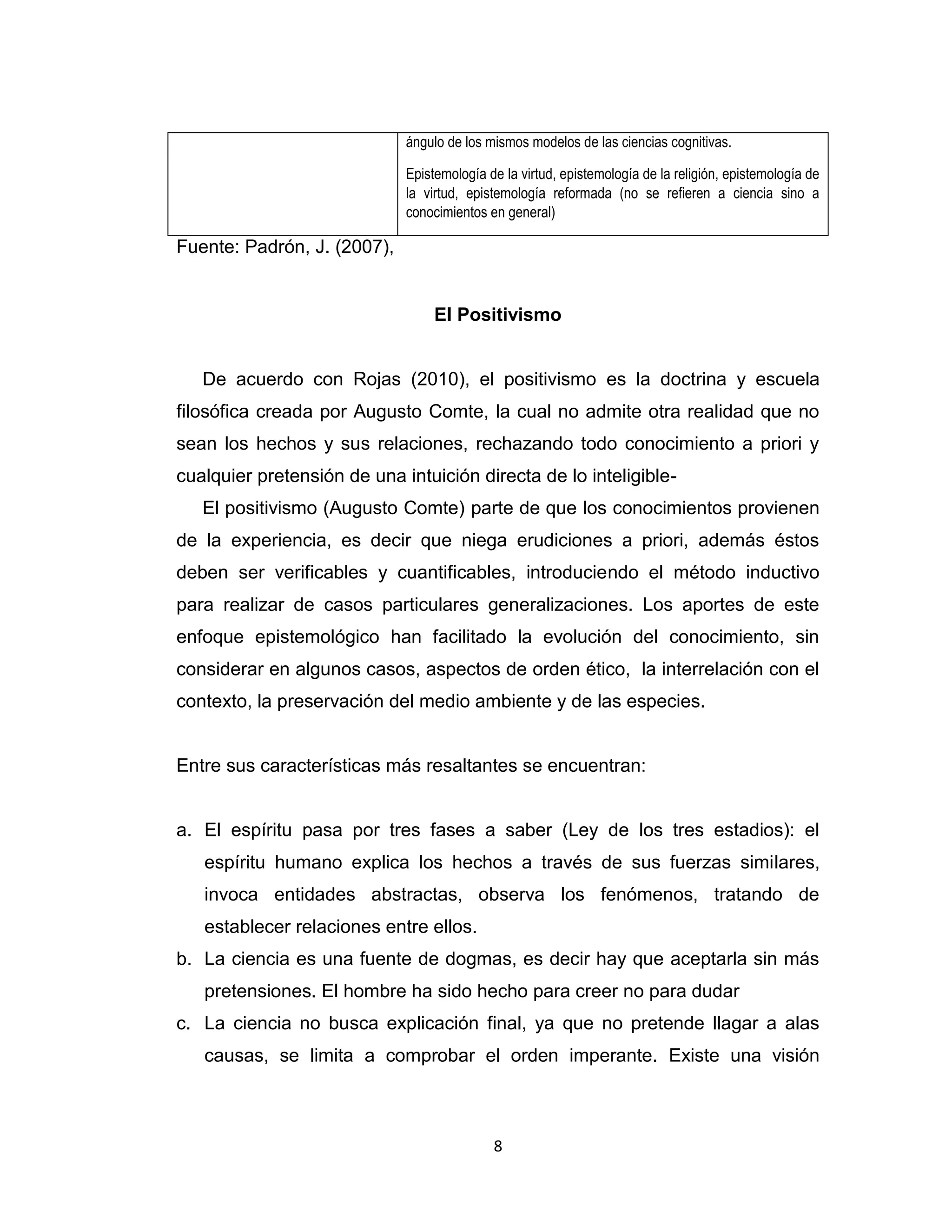 8 
ángulo de los mismos modelos de las ciencias cognitivas. 
Epistemología de la virtud, epistemología de la religión, epistemología de la virtud, epistemología reformada (no se refieren a ciencia sino a conocimientos en general) 
Fuente: Padrón, J. (2007), 
El Positivismo 
De acuerdo con Rojas (2010), el positivismo es la doctrina y escuela filosófica creada por Augusto Comte, la cual no admite otra realidad que no sean los hechos y sus relaciones, rechazando todo conocimiento a priori y cualquier pretensión de una intuición directa de lo inteligible- 
El positivismo (Augusto Comte) parte de que los conocimientos provienen de la experiencia, es decir que niega erudiciones a priori, además éstos deben ser verificables y cuantificables, introduciendo el método inductivo para realizar de casos particulares generalizaciones. Los aportes de este enfoque epistemológico han facilitado la evolución del conocimiento, sin considerar en algunos casos, aspectos de orden ético, la interrelación con el contexto, la preservación del medio ambiente y de las especies. 
Entre sus características más resaltantes se encuentran: 
a. El espíritu pasa por tres fases a saber (Ley de los tres estadios): el espíritu humano explica los hechos a través de sus fuerzas similares, invoca entidades abstractas, observa los fenómenos, tratando de establecer relaciones entre ellos. 
b. La ciencia es una fuente de dogmas, es decir hay que aceptarla sin más pretensiones. El hombre ha sido hecho para creer no para dudar 
c. La ciencia no busca explicación final, ya que no pretende llagar a alas causas, se limita a comprobar el orden imperante. Existe una visión  
