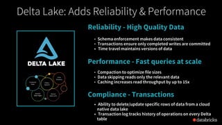 Compliance - Transactions
Performance - Fast queries at scale
• Ability to delete/update specific rows of data from a cloud
native data lake
• Transaction log tracks history of operations on every Delta
table
• Compaction to optimize file sizes
• Data skipping reads only the relevant data
• Caching increases read throughput by up to 15x
Delta Lake: Adds Reliability & Performance
Reliability - High Quality Data
• Schema enforcement makes data consistent
• Transactions ensure only completed writes are committed
• Time travel maintains versions of data
 