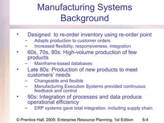 © Prentice Hall, 2005: Enterprise Resource Planning, 1st Edition 6-4
Manufacturing Systems
Background
• Designed to re-order inventory using re-order point
– Adapts production to customer orders
– Increased flexibility, responsiveness, integration
• 60s, 70s, 80s: High-volume production of few
products
– Mainframe-based databases
• Late 80s: Production of new products to meet
customers’ needs
– Changeable and flexible
– Manufacturing Execution Systems provided continuous
feedback and control
• 90s: Integration of processes and data produce
operational efficiency
– ERP systems gave total integration, including supply chain
 