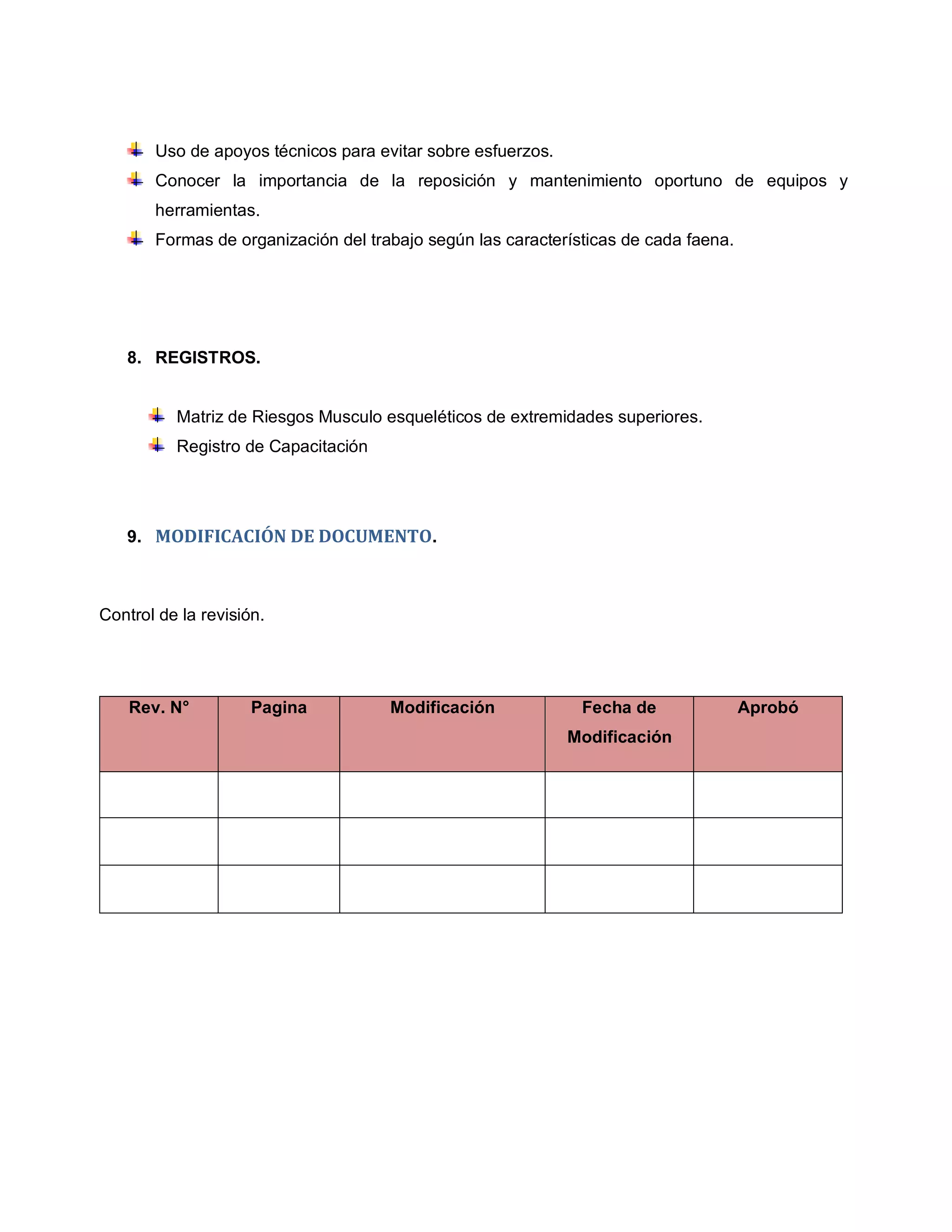 Uso de apoyos técnicos para evitar sobre esfuerzos.
Conocer la importancia de la reposición y mantenimiento oportuno de equipos y
herramientas.
Formas de organización del trabajo según las características de cada faena.
8. REGISTROS.
Matriz de Riesgos Musculo esqueléticos de extremidades superiores.
Registro de Capacitación
9. MODIFICACIÓN DE DOCUMENTO.
Control de la revisión.
Rev. N° Pagina Modificación Fecha de
Modificación
Aprobó
 