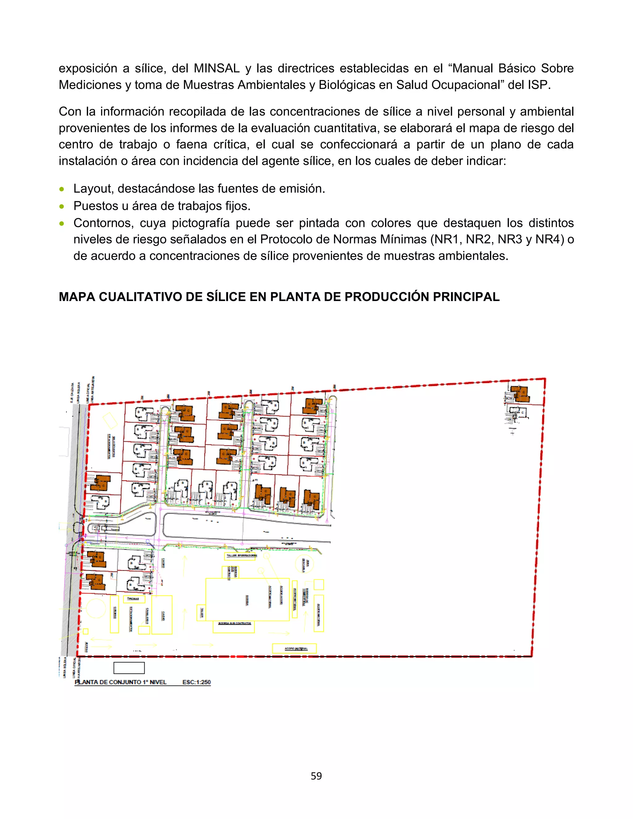59
exposición a sílice, del MINSAL y las directrices establecidas en el “Manual Básico Sobre
Mediciones y toma de Muestras Ambientales y Biológicas en Salud Ocupacional” del ISP.
Con la información recopilada de las concentraciones de sílice a nivel personal y ambiental
provenientes de los informes de la evaluación cuantitativa, se elaborará el mapa de riesgo del
centro de trabajo o faena crítica, el cual se confeccionará a partir de un plano de cada
instalación o área con incidencia del agente sílice, en los cuales de deber indicar:
• Layout, destacándose las fuentes de emisión.
• Puestos u área de trabajos fijos.
• Contornos, cuya pictografía puede ser pintada con colores que destaquen los distintos
niveles de riesgo señalados en el Protocolo de Normas Mínimas (NR1, NR2, NR3 y NR4) o
de acuerdo a concentraciones de sílice provenientes de muestras ambientales.
MAPA CUALITATIVO DE SÍLICE EN PLANTA DE PRODUCCIÓN PRINCIPAL
 