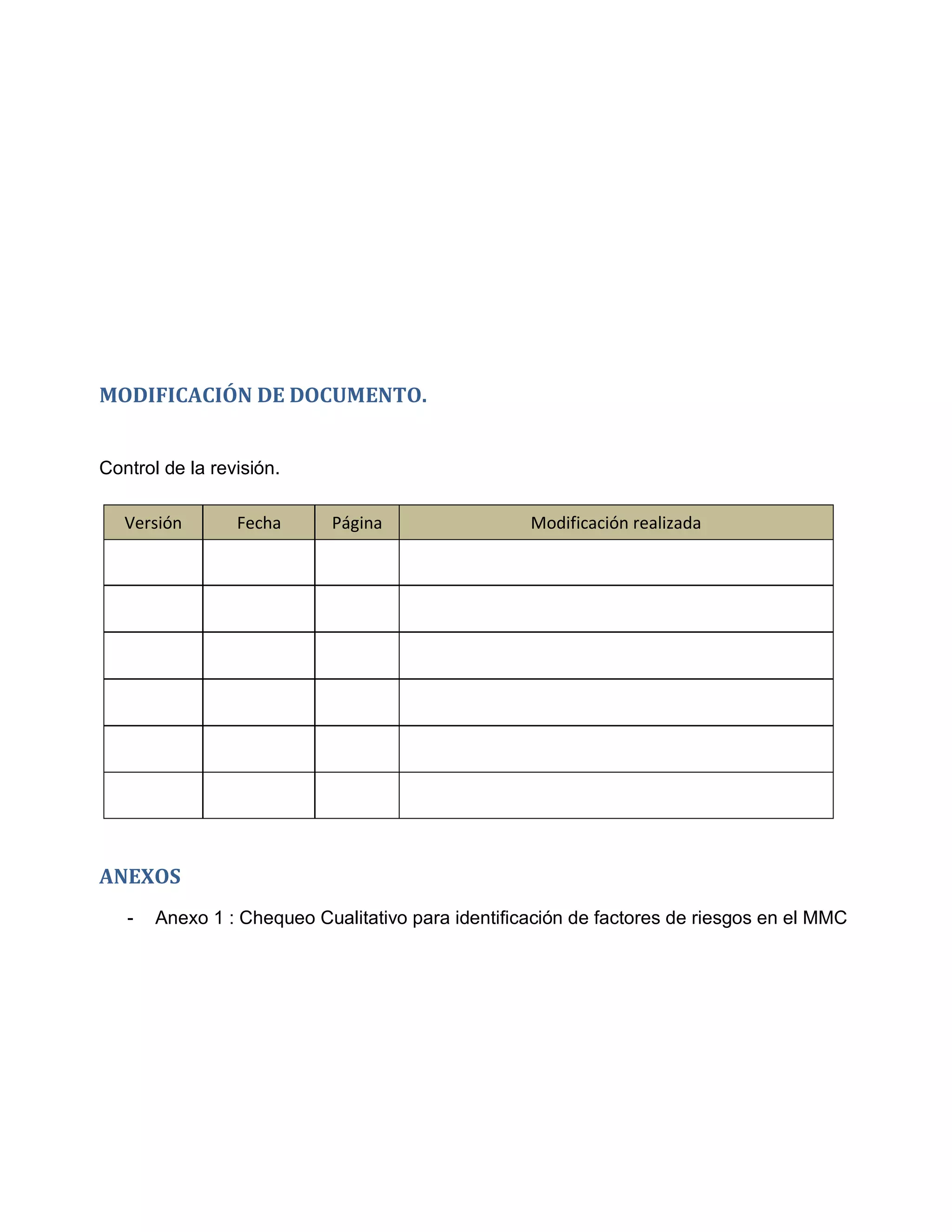 MODIFICACIÓN DE DOCUMENTO.
Control de la revisión.
Versión Fecha Página Modificación realizada
ANEXOS
- Anexo 1 : Chequeo Cualitativo para identificación de factores de riesgos en el MMC
 