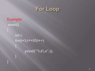 Example:
main()
{
int i;
for(i=1;i<=10;i++)
{
printf(“%dn”,i);
}
}
26
 