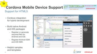 Support for HTML5 
33 
Cordova Mobile Device Support 
 Cordova integration 
for hybrid development 
 Build native Android 
and iOS packages 
– Register or generate 
required files for 
Android and iOS 
– Register Android SDK 
and iOS SDK 
 Helpful samples 
and templates 
 