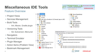 Miscellaneous IDE Tools 
Feature Overview 
 Project Views 
 Services Management 
 Build Tools 
40 
– Ant, Maven, Gradle plugin 
 Versioning Tools 
– Git, Subversion, Mercurial 
 Navigators 
 Terminal Emulator 
 Plugin Manager 
 Action Items (Problem View) 
 Bookmark Management 
 