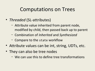 Computations on Trees
• Threaded (SL-attributes)
– Attribute value inherited from parent node,
modified by child, then passed back up to parent
– Combination of Inherited and Synthesized
– Compare to the state workflow
• Attribute values can be int, string, UDTs, etc.
• They can also be tree nodes
– We can use this to define tree transformations
 