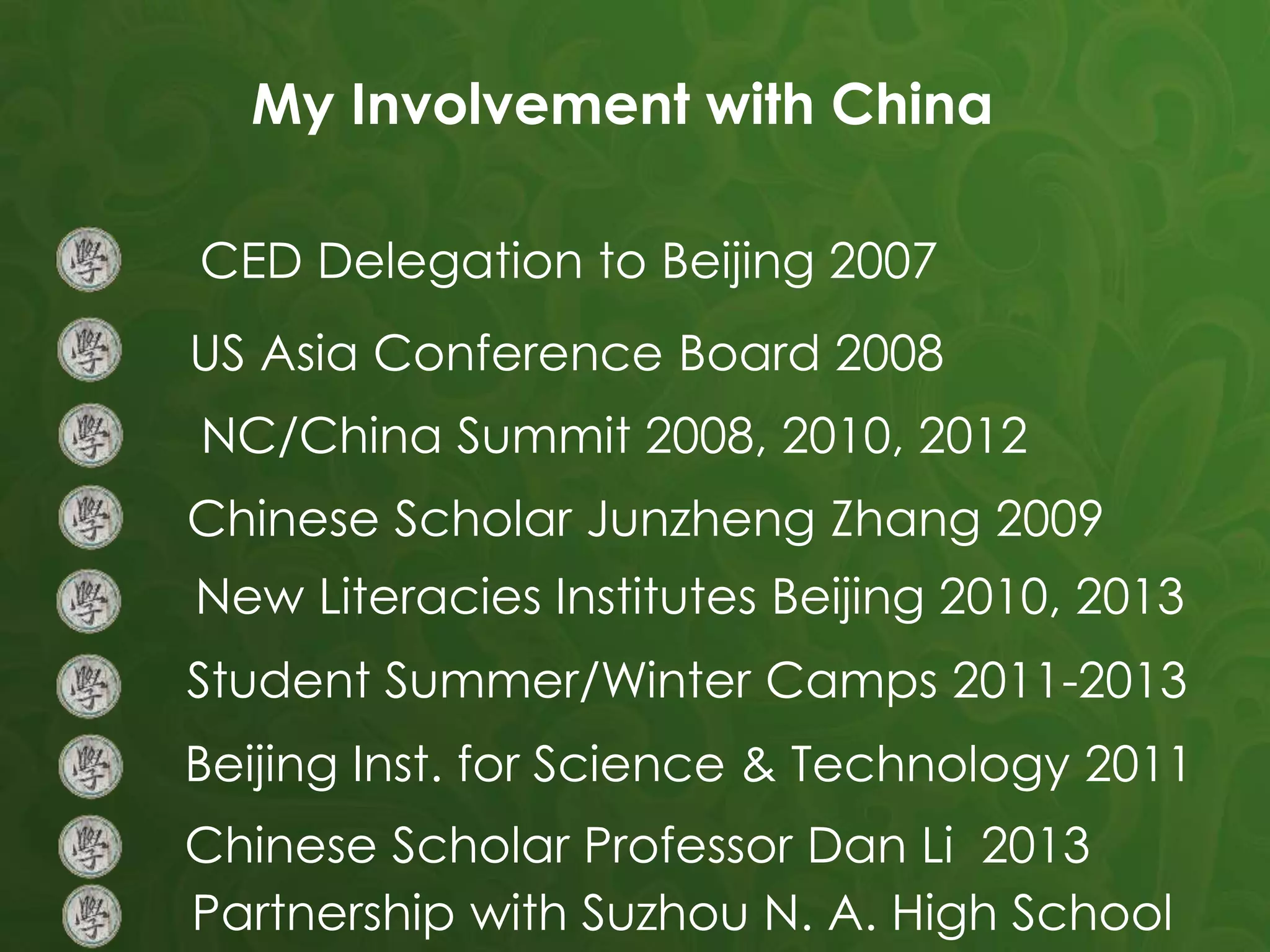 CED Delegation to Beijing 2007
US Asia Conference Board 2008
NC/China Summit 2008, 2010, 2012
Chinese Scholar Junzheng Zhang 2009
New Literacies Institutes Beijing 2010, 2013
Student Summer/Winter Camps 2011-2013
Beijing Inst. for Science & Technology 2011
Chinese Scholar Professor Dan Li 2013
Partnership with Suzhou N. A. High School
My Involvement with China
 