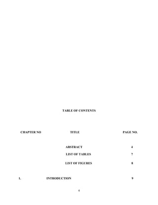 TABLE OF CONTENTS

CHAPTER NO

TITLE

PAGE NO.

ABSTRACT
LIST OF TABLES

7

LIST OF FIGURES

1.

4

8

INTRODUCTION

9

4

 