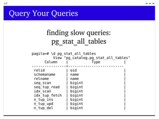 J-3 Query Your Queries finding slow queries: pg_stat_all_tables pagila=# \d pg_stat_all_tables View &quot;pg_catalog.pg_stat_all_tables&quot; Column  |  Type  | ----------------+-------------------------- relid  | oid  | schemaname  | name  | relname  | name  | seq_scan  | bigint  | seq_tup_read  | bigint  | idx_scan  | bigint  | idx_tup_fetch  | bigint  | n_tup_ins  | bigint  | n_tup_upd  | bigint  | n_tup_del  | bigint  | 