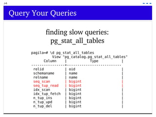 J-6 Query Your Queries finding slow queries: pg_stat_all_tables pagila=# \d pg_stat_all_tables View &quot;pg_catalog.pg_stat_all_tables&quot; Column  |  Type  | ----------------+-------------------------- relid  | oid  | schemaname  | name  | relname  | name  | seq_scan  | bigint  | seq_tup_read  | bigint  | idx_scan  | bigint  | idx_tup_fetch  | bigint  | n_tup_ins  | bigint  | n_tup_upd  | bigint  | n_tup_del  | bigint  | 