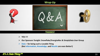 51
Wrap-Up
THANKS!
 YOU !!!
 Our Sponsors Tonight: Snowflake/EnergizeRec & SimplyData User Group
 Data – for being such a Lovable Thing
(But Information, Knowledge, and Results are even Better!)
 