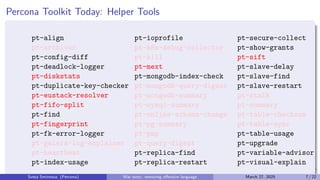 Percona Toolkit Today: Helper Tools
pt-align
pt-archiver
pt-config-diff
pt-deadlock-logger
pt-diskstats
pt-duplicate-key-checker
pt-eustack-resolver
pt-fifo-split
pt-find
pt-fingerprint
pt-fk-error-logger
pt-galera-log-explainer
pt-heartbeat
pt-index-usage
pt-ioprofile
pt-k8s-debug-collector
pt-kill
pt-mext
pt-mongodb-index-check
pt-mongodb-query-digest
pt-mongodb-summary
pt-mysql-summary
pt-online-schema-change
pt-pg-summary
pt-pmp
pt-query-digest
pt-replica-find
pt-replica-restart
pt-secure-collect
pt-show-grants
pt-sift
pt-slave-delay
pt-slave-find
pt-slave-restart
pt-stalk
pt-summary
pt-table-checksum
pt-table-sync
pt-table-usage
pt-upgrade
pt-variable-advisor
pt-visual-explain
Sveta Smirnova (Percona) War story: removing offensive language March 27, 2025 7 / 22
 