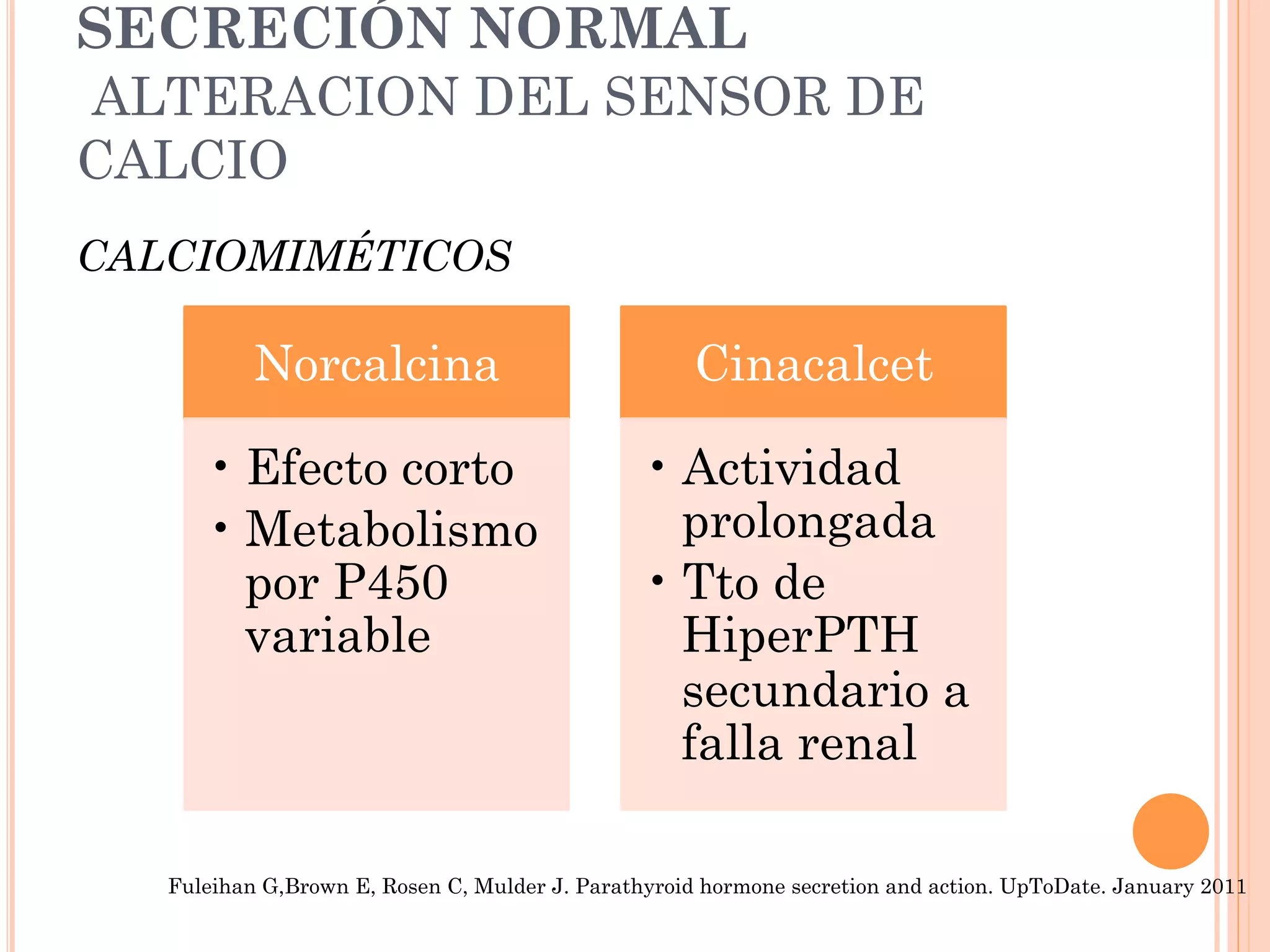 SECRECIÓN NORMAL
ALTERACION DEL SENSOR DE
CALCIO
CALCIOMIMÉTICOS
Fuleihan G,Brown E, Rosen C, Mulder J. Parathyroid hormone secretion and action. UpToDate. January 2011
Norcalcina
• Efecto corto
• Metabolismo
por P450
variable
Cinacalcet
• Actividad
prolongada
• Tto de
HiperPTH
secundario a
falla renal
 