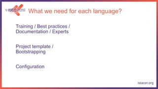 What we need for each language?
Training / Best practices /
Documentation / Experts
Project template /
Bootstrapping
Configuration
 