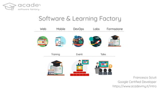 Software & Learning Factory
Francesco Sciuti
Google Certiﬁed Developer
https://www.acadevmy.it/intro
 