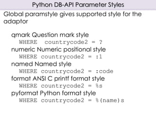 Python DB-API Parameter Styles
Global paramstyle gives supported style for the
adaptor
qmark Question mark style
WHERE countrycode2 = ?
numeric Numeric positional style
WHERE countrycode2 = :1
named Named style
WHERE countrycode2 = :code
format ANSI C printf format style
WHERE countrycode2 = %s
pyformat Python format style
WHERE countrycode2 = %(name)s
 