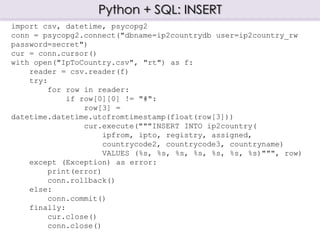 Python + SQL: INSERT
import csv, datetime, psycopg2
conn = psycopg2.connect("dbname=ip2countrydb user=ip2country_rw
password=secret")
cur = conn.cursor()
with open("IpToCountry.csv", "rt") as f:
reader = csv.reader(f)
try:
for row in reader:
if row[0][0] != "#":
row[3] =
datetime.datetime.utcfromtimestamp(float(row[3]))
cur.execute("""INSERT INTO ip2country(
ipfrom, ipto, registry, assigned,
countrycode2, countrycode3, countryname)
VALUES (%s, %s, %s, %s, %s, %s, %s)""", row)
except (Exception) as error:
print(error)
conn.rollback()
else:
conn.commit()
finally:
cur.close()
conn.close()
 