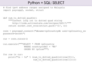 Python + SQL: SELECT
# Find ipv4 address ranges assigned to Malaysia
import psycopg2, socket, struct
def num_to_dotted_quad(n):
"""convert long int to dotted quad string
http://code.activestate.com/recipes/66517/"""
return socket.inet_ntoa(struct.pack('!L', n))
conn = psycopg2.connect("dbname=ip2countrydb user=ip2country_rw
password=secret")
cur = conn.cursor()
cur.execute("""SELECT * FROM ip2country
WHERE countrycode2 = 'MY'
ORDER BY ipfrom""")
for row in cur:
print("%s - %s" % (num_to_dotted_quad(int(row[0])),
num_to_dotted_quad(int(row[1]))))
 
