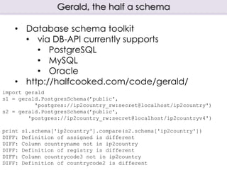 Gerald, the half a schema
import gerald
s1 = gerald.PostgresSchema(’public',
'postgres://ip2country_rw:secret@localhost/ip2country')
s2 = gerald.PostgresSchema(’public',
'postgres://ip2country_rw:secret@localhost/ip2countryv4')
print s1.schema['ip2country'].compare(s2.schema['ip2country'])
DIFF: Definition of assigned is different
DIFF: Column countryname not in ip2country
DIFF: Definition of registry is different
DIFF: Column countrycode3 not in ip2country
DIFF: Definition of countrycode2 is different
• Database schema toolkit
• via DB-API currently supports
• PostgreSQL
• MySQL
• Oracle
• http://halfcooked.com/code/gerald/
 