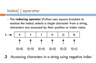 Index[ ] operator
 The indexing operator (Python uses square brackets to
enclose the index) selects a single character from a string,
characters are accessed by their position or index value.
 