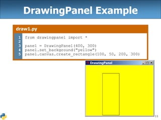 11
DrawingPanel Example
draw1.py
1
2
3
4
5
from drawingpanel import *
panel = DrawingPanel(400, 300)
panel.set_background("yellow")
panel.canvas.create_rectangle(100, 50, 200, 300)
 