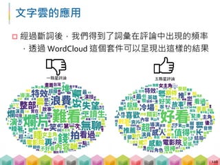 文字雲的應用
 經過斷詞後，我們得到了詞彙在評論中出現的頻率
，透過 WordCloud 這個套件可以呈現出這樣的結果
110
 