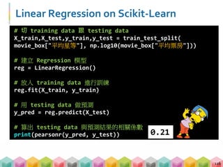 Linear Regression on Scikit‐Learn
116
# 切 training data 跟 testing data
X_train,X_test,y_train,y_test = train_test_split(
movie_box["平均星等"], np.log10(movie_box["平均票房"]))
# 建立 Regression 模型
reg = LinearRegression()
# 放入 training data 進行訓練
reg.fit(X_train, y_train)
# 用 testing data 做預測
y_pred = reg.predict(X_test)
# 算出 testing data 與預測結果的相關係數
print(pearsonr(y_pred, y_test)) 0.21
 