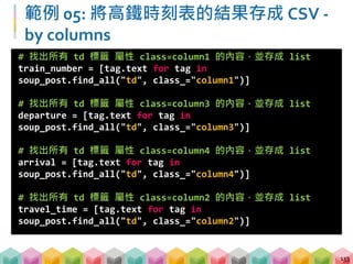 133
範例 05: 將高鐵時刻表的結果存成 CSV ‐
by columns 
# 找出所有 td 標籤 屬性 class=column1 的內容，並存成 list
train_number = [tag.text for tag in
soup_post.find_all("td", class_="column1")] 
# 找出所有 td 標籤 屬性 class=column3 的內容，並存成 list
departure = [tag.text for tag in
soup_post.find_all("td", class_="column3")] 
# 找出所有 td 標籤 屬性 class=column4 的內容，並存成 list
arrival = [tag.text for tag in
soup_post.find_all("td", class_="column4")] 
# 找出所有 td 標籤 屬性 class=column2 的內容，並存成 list
travel_time = [tag.text for tag in
soup_post.find_all("td", class_="column2")] 
 