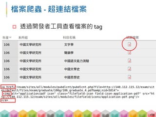 檔案爬蟲 ‐ 超連結檔案
 透過開發者工具查看檔案的 tag
169
 