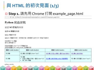 與 HTML 的初次見面 (1/3)
 Step 1. 請先用 Chrome 打開 example_page.html
25
 