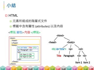 小結
 HTML
 元素所組成的階層式文件
 標籤中含有屬性 (attributes) 以及內容
94
 