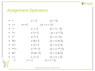 Assignment Operators
• = x = 5 (x = 5)
• += x+=5 (x = x + 5)
• -= x -= 5 (x = x – 5)
• *= x *= 5 (x = x * 5)
• /= x /= 5 (x = x / 5)
• %= x %= 5 (x = x % 5)
• //= x //= 5 (x = x // 5)
• **= x **= 5 (x = x ** 5)
• &= (x &= 5) (x = x & 5)
• |= x |= 5 (x = x | 5)
^= x ^= 5 (x = x ^ 5)
Copyright 2020 @SquadInfotech, All rights reserved.
 